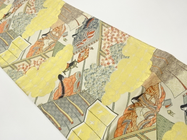 雲に屋敷・人物模様織出し袋帯